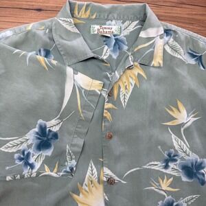 Tommy Bahama 100% Silk Mens Medium Green Floral Button Up Shirt Short Sleeve